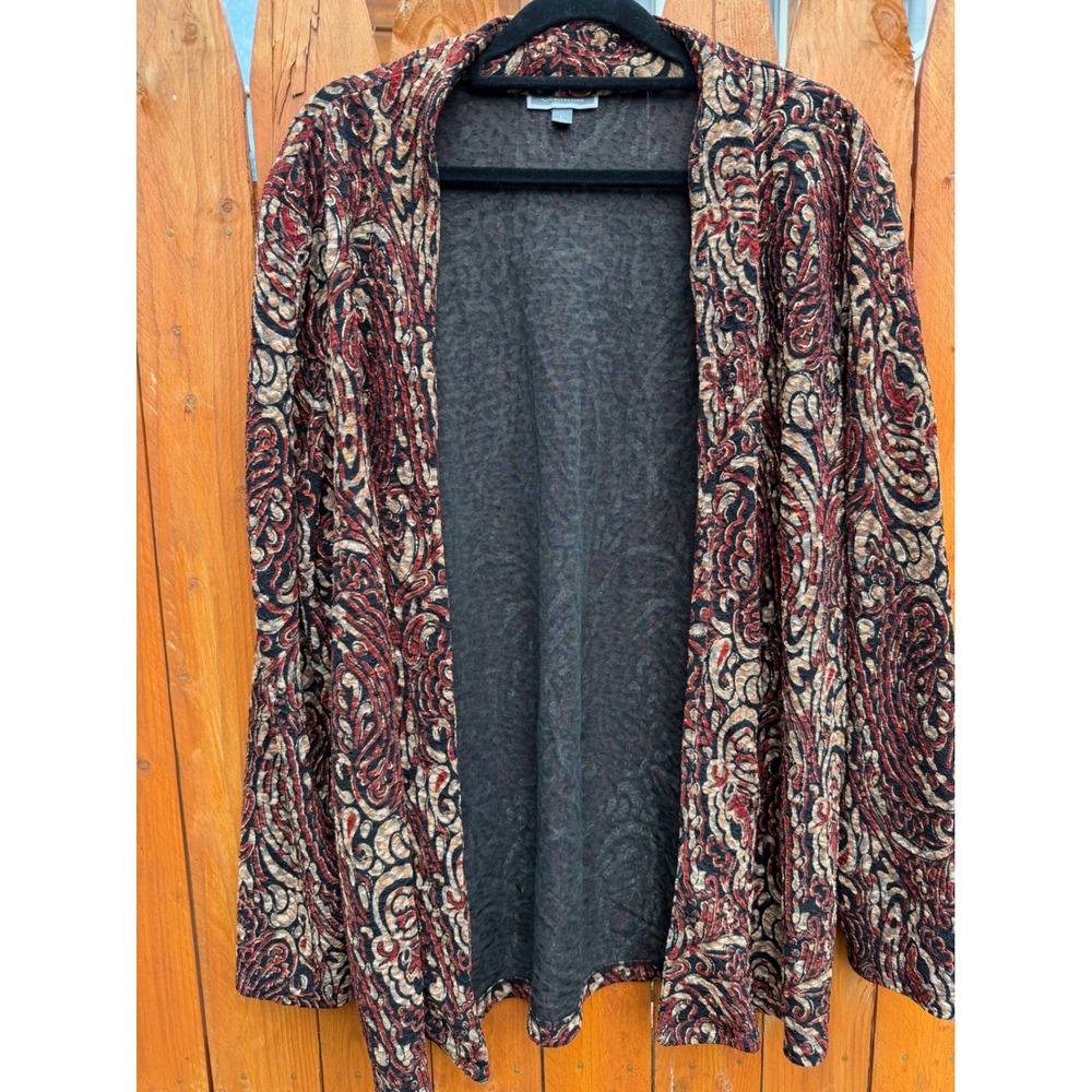 JM Collection Womens Large Paisley Open Front Cardigan Red Tan Black Knit L